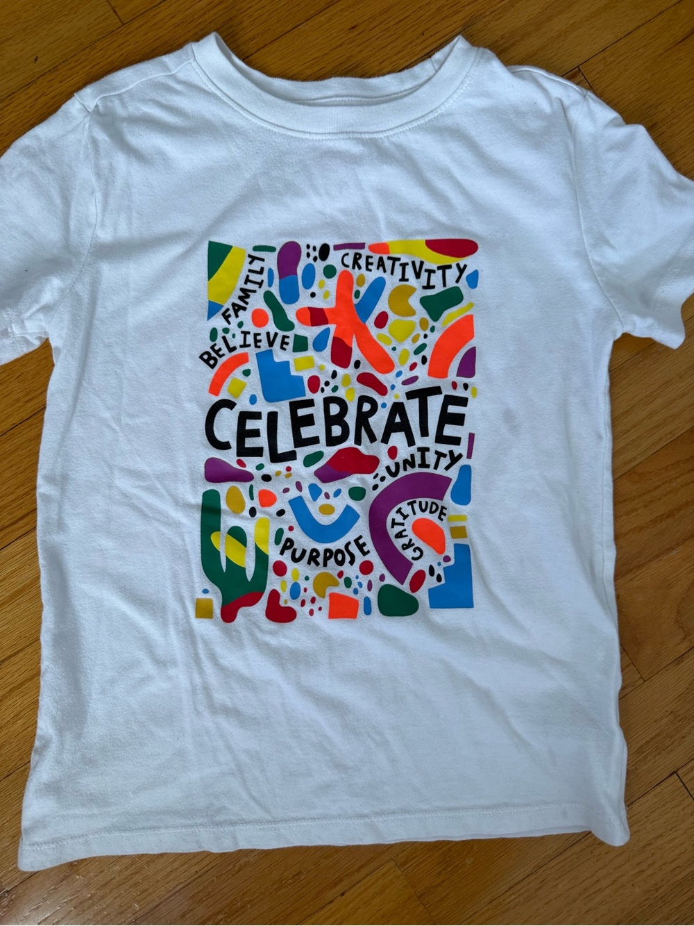 Cat & Jack White Tee with Multicolor Celebrate Graphic boys 6/7